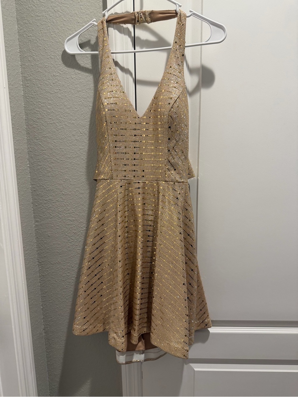 Gold Sequin Halter Fit-and-Flare Dress